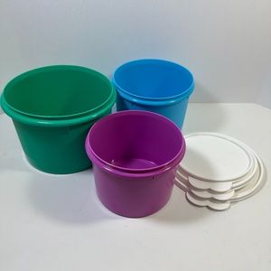 Tupperware Round Canisters Storage 266 265 264 Set of 3 Blue Green Pink With Lid